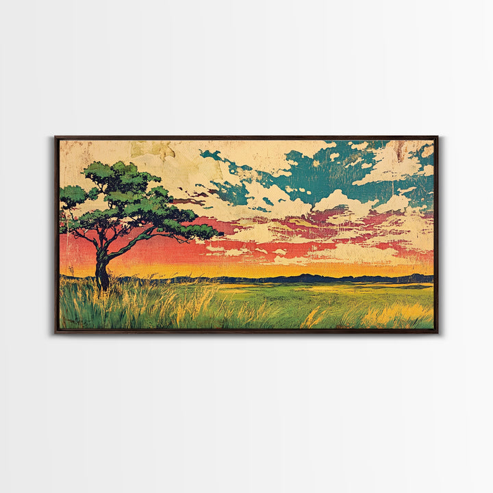 Acacia Tree At Sunset Over Golden Grassland Wall Art, African Landscape Canvas Print For Boho Decor And Warm Home Decor Art