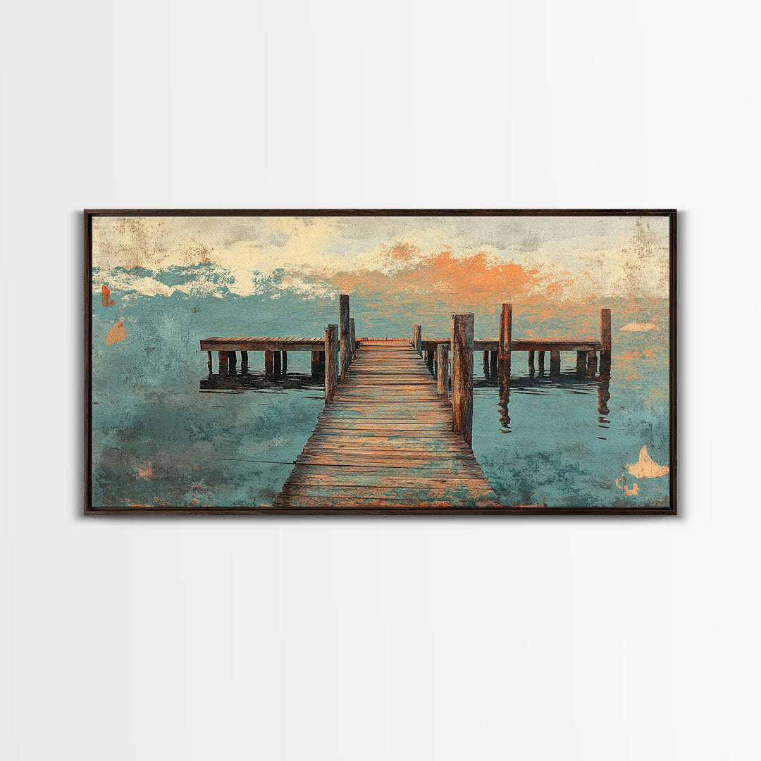 Weathered Wooden Dock Over Calm Water Wall Art, Coastal Canvas Print For Lake House Decor And Nautical Living Room Decor
