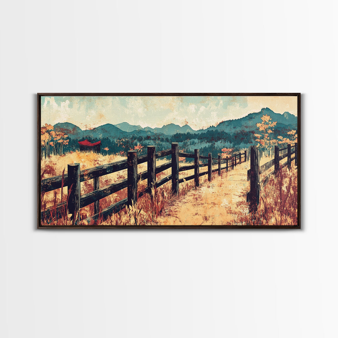 Mountain Fence Path Through Autumn Fields Wall Art, Rustic Landscape Canvas Print For Farmhouse Decor And Entryway Decor