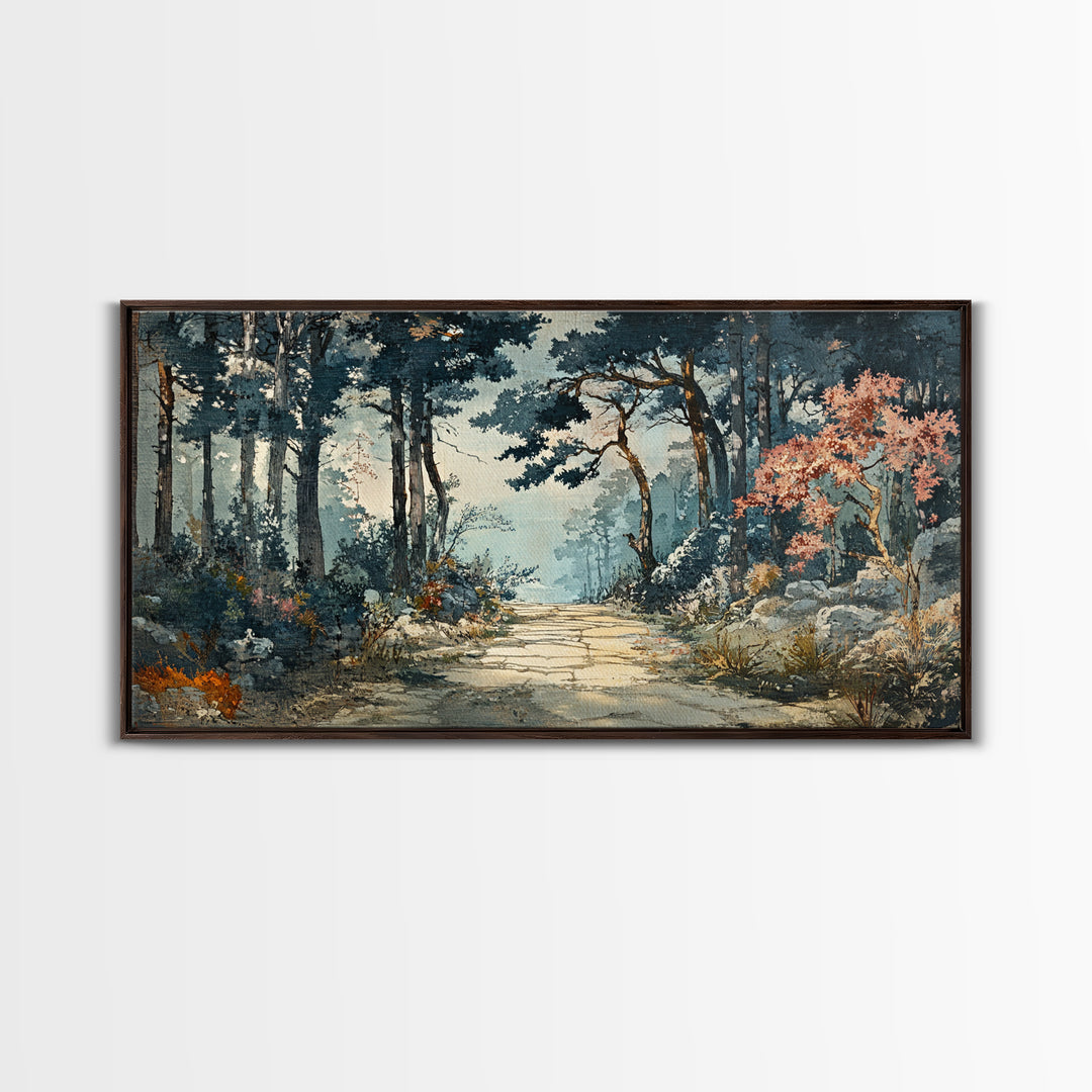 Misty Forest Path With Pink Blossoms Wall Art, Moody Woodland Canvas Print For Nature Decor And Serene Living Room Decor