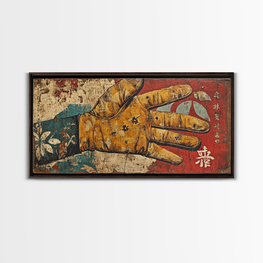 Antique Illustrated Gloved Hand On Red Teal Ground Wall Art, Surreal Canvas Print For Eclectic Decor And Statement Wall Decor