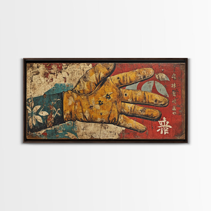 Antique Illustrated Gloved Hand On Red Teal Ground Wall Art, Surreal Canvas Print For Eclectic Decor And Statement Wall Decor