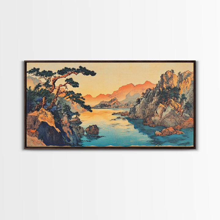 Serene Asian River Valley With Pine And Cliffs Framed Canvas Print, Japanese Landscape Art, Coastal Wall Decor, Zen Home Decor
