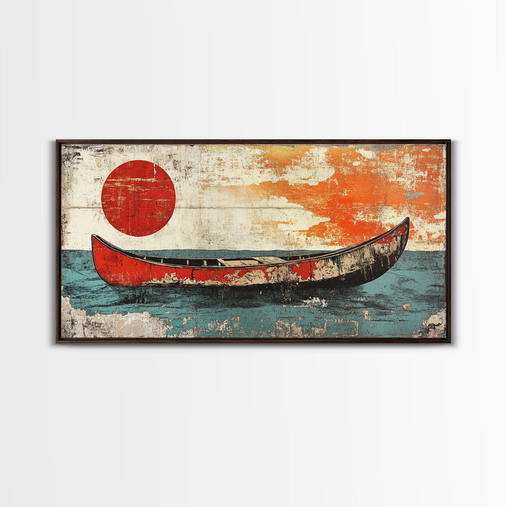 Weathered Red Canoe Beneath Rising Sun Canvas Print, Nautical Wall Art, Minimalist Ocean Art, Coastal Lake House Decor, Gift For Him