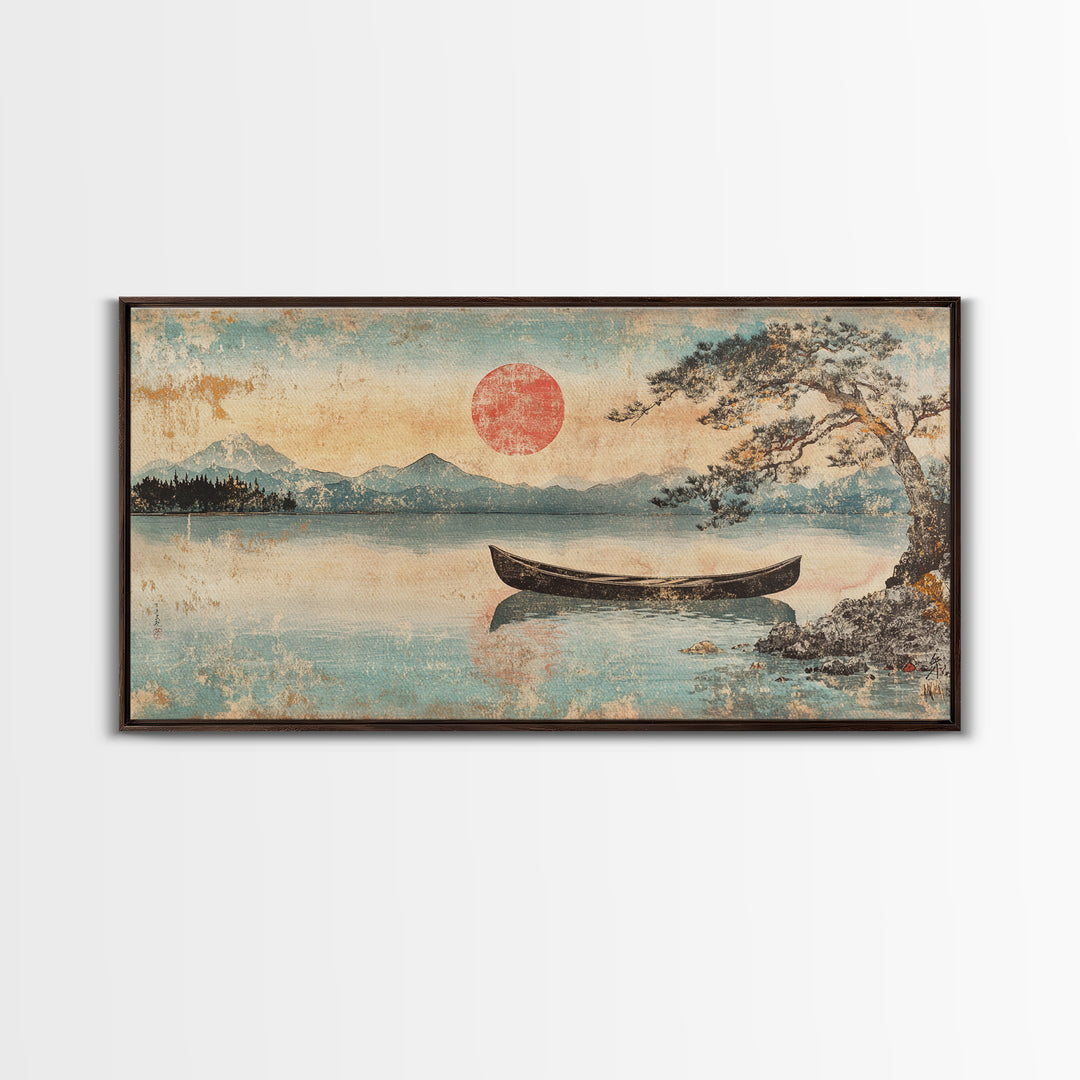 Quiet Canoe On Misty Mountain Lake Wall Art, Japanese Landscape Print, Serene Nature Home Decor, Above Bed Horizontal Art