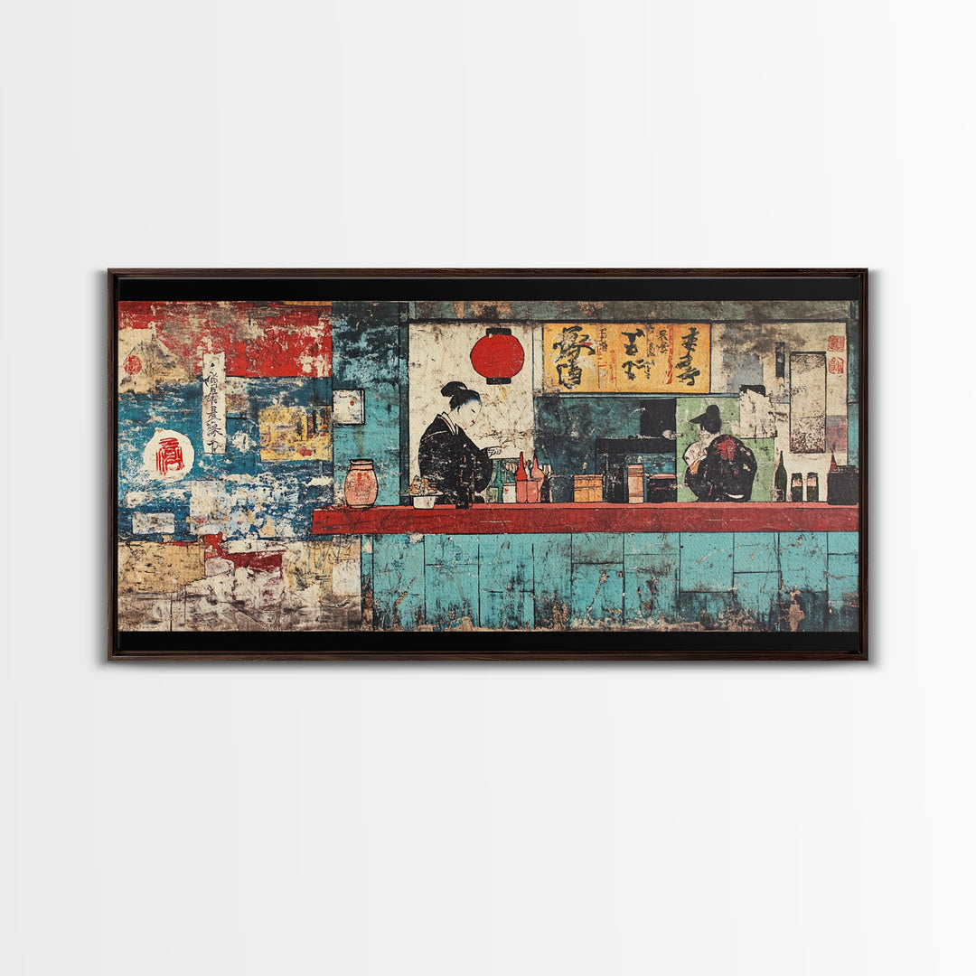 Retro Japanese Ramen Shop With Chef And Diner Canvas Print, Kitchen Wall Art, Restaurant Decor, Asian Food Poster, Home Decor