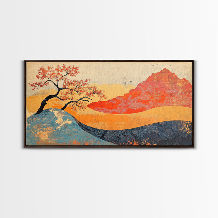Red Mountain And Blossoming Tree Wall Art, Japanese Landscape Canvas Decor, Abstract Nature Print For Bedroom Or Office Decor