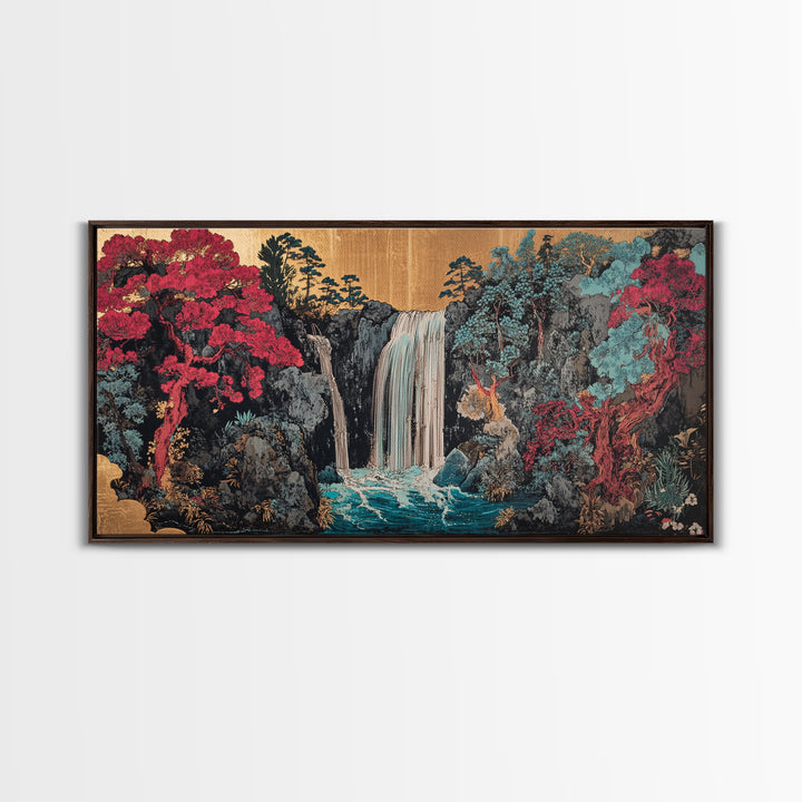 Lush Waterfall With Pink Forest Wall Art, Japanese Garden Canvas Decor, Moody Botanical Landscape Print For Living Room Decor