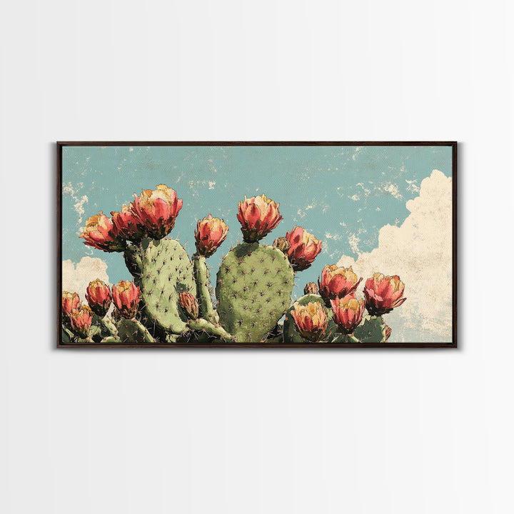 Blooming Prickly Pear Cactus Wall Art, Desert Botanical Canvas Decor, Southwestern Floral Print For Bedroom Or Living Room