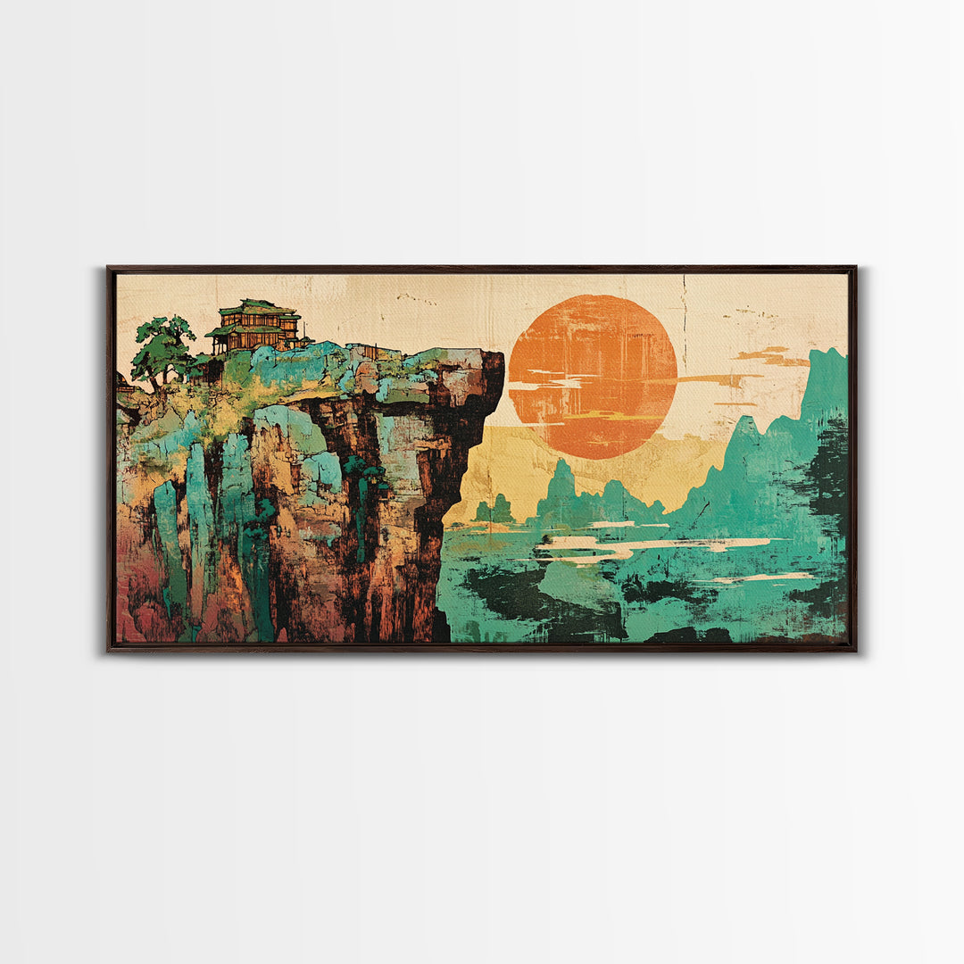 Cliffside Temple And Orange Sun Framed Canvas Print, Asian Landscape Wall Art, Japandi Home Decor For Modern Living Room