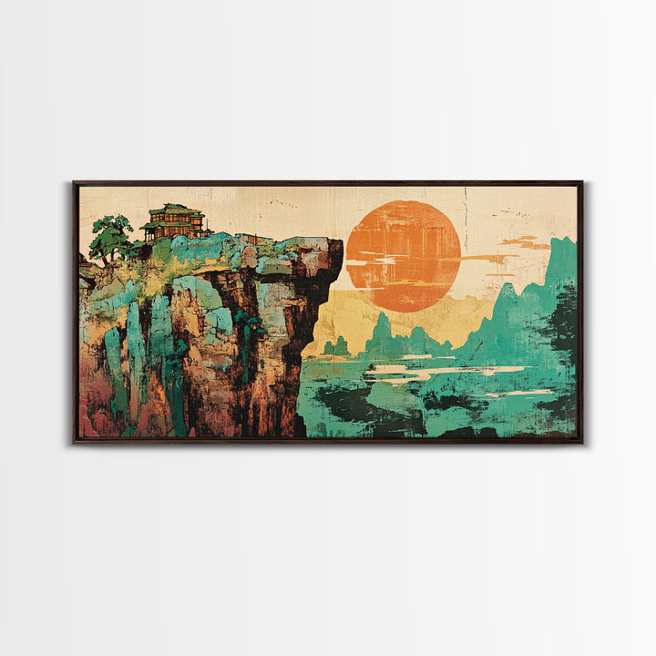 Cliffside Temple And Orange Sun Framed Canvas Print, Asian Landscape Wall Art, Japandi Home Decor For Modern Living Room