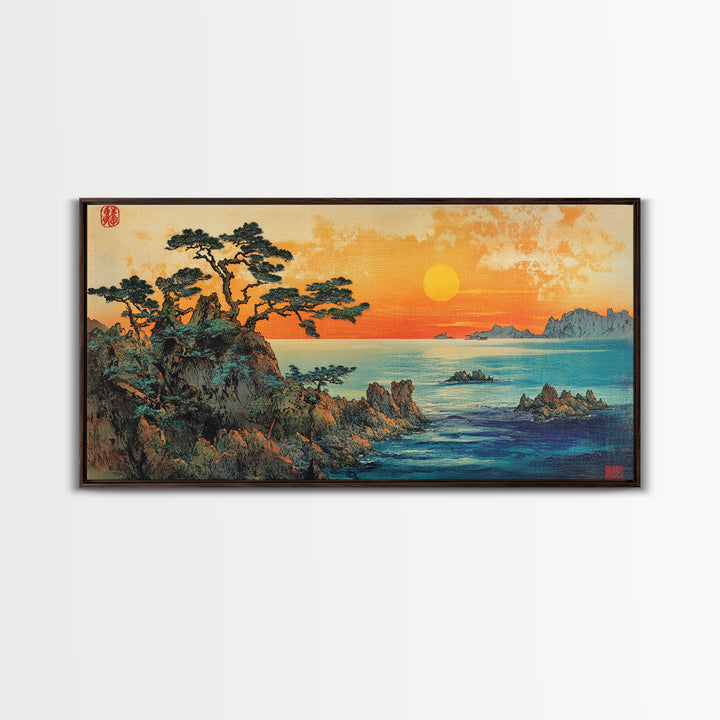 Golden Sunset Over Pine Covered Rocky Coast Canvas Print, Coastal Landscape Wall Art, Serene Beach House Decor For Living Room