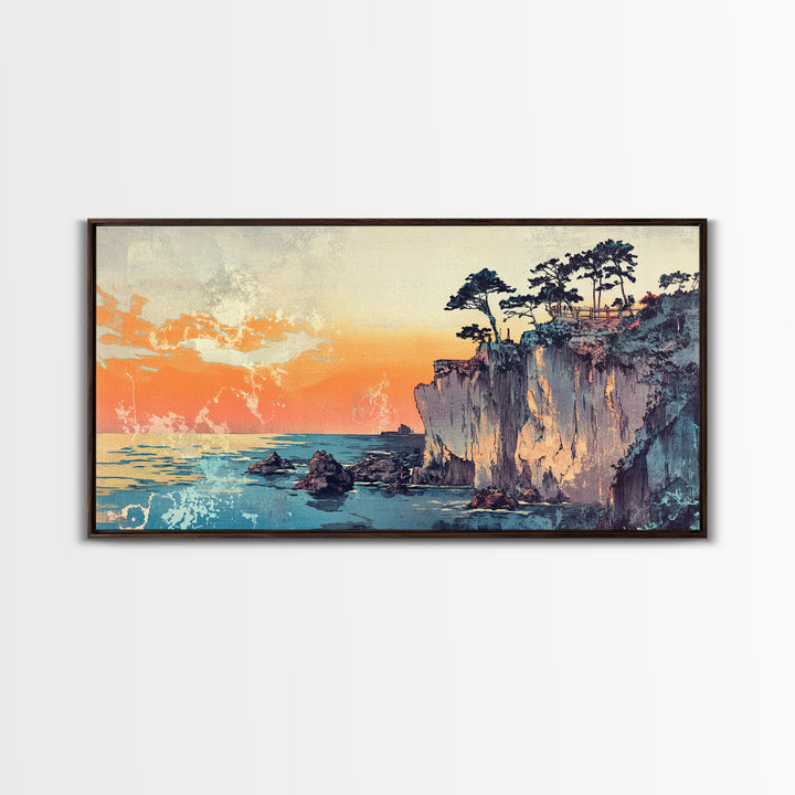 Sunset Sea Cliffs With Windswept Pines Wall Art, Coastal Canvas Print, Ocean Landscape Home Decor For Modern Living Room