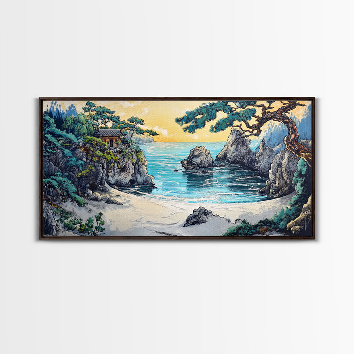 Secluded Turquoise Cove With Cliffside Temple Framed Canvas Print, Japanese Coastal Wall Art, Japandi Home Decor For Living Room