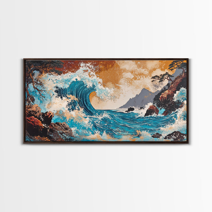 Crashing Turquoise Wave Between Rocky Cliffs Canvas Print, Japanese Ocean Wall Art, Dramatic Coastal Home Decor For Living Room