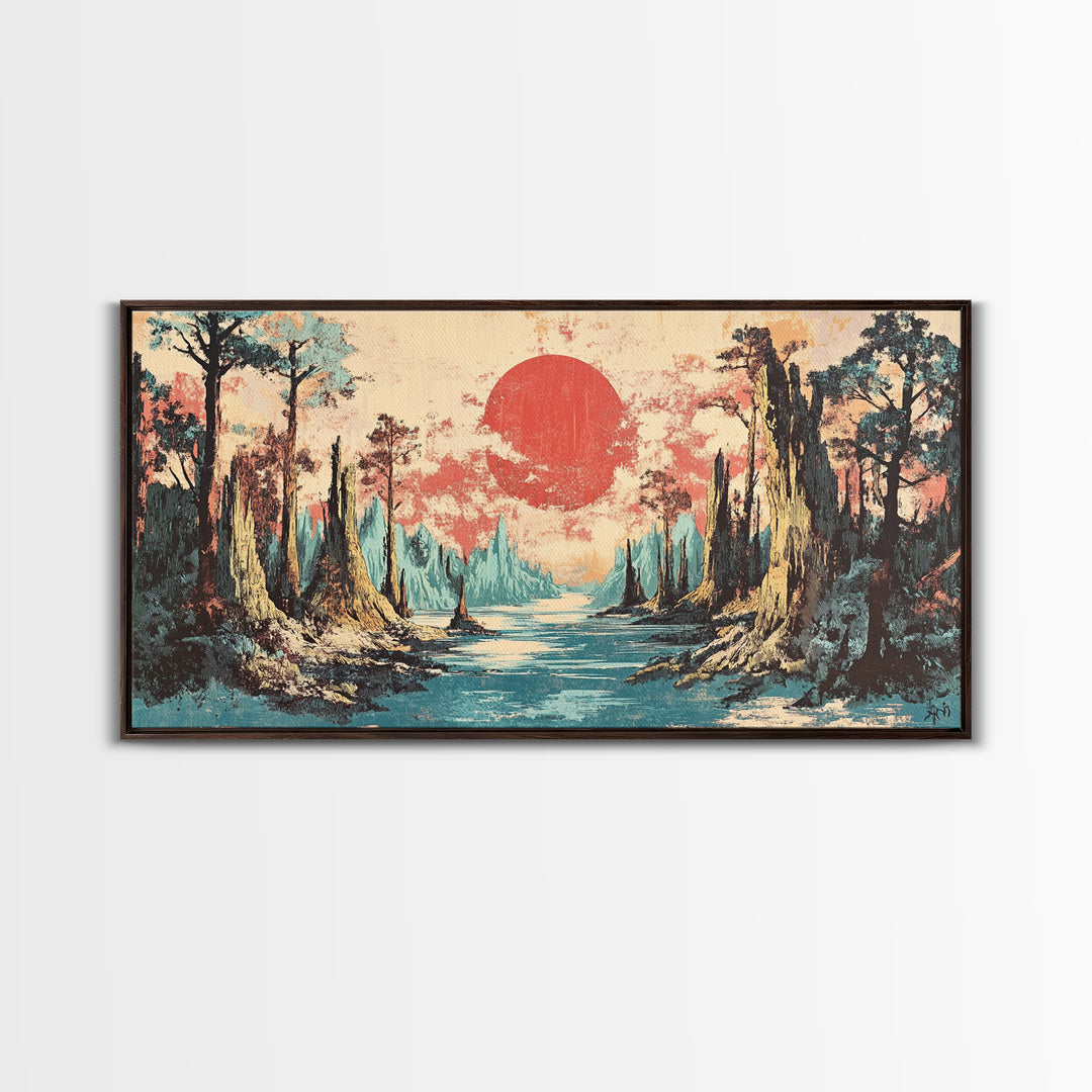 Cypress Swamp River At Red Sun Sunset Canvas Print, Bayou Landscape Wall Decor, Rustic Nature Art, Living Room Decor, Housewarming Gift