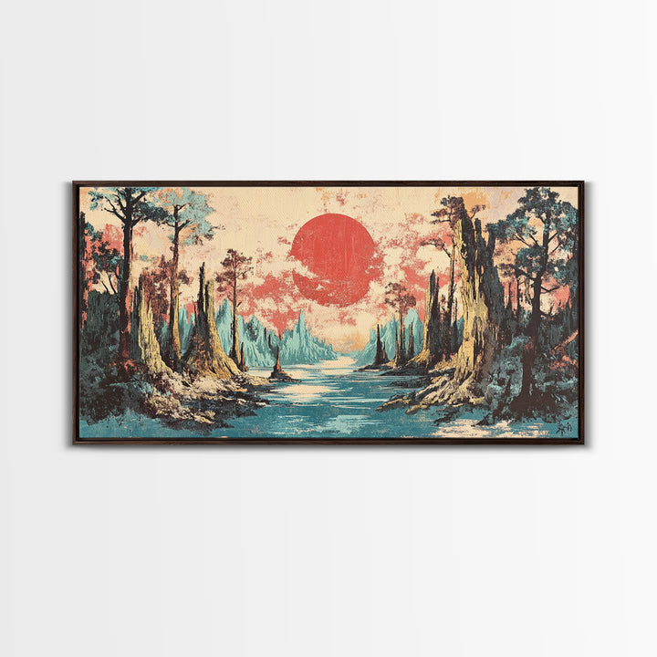Cypress Swamp River At Red Sun Sunset Canvas Print, Bayou Landscape Wall Decor, Rustic Nature Art, Living Room Decor, Housewarming Gift