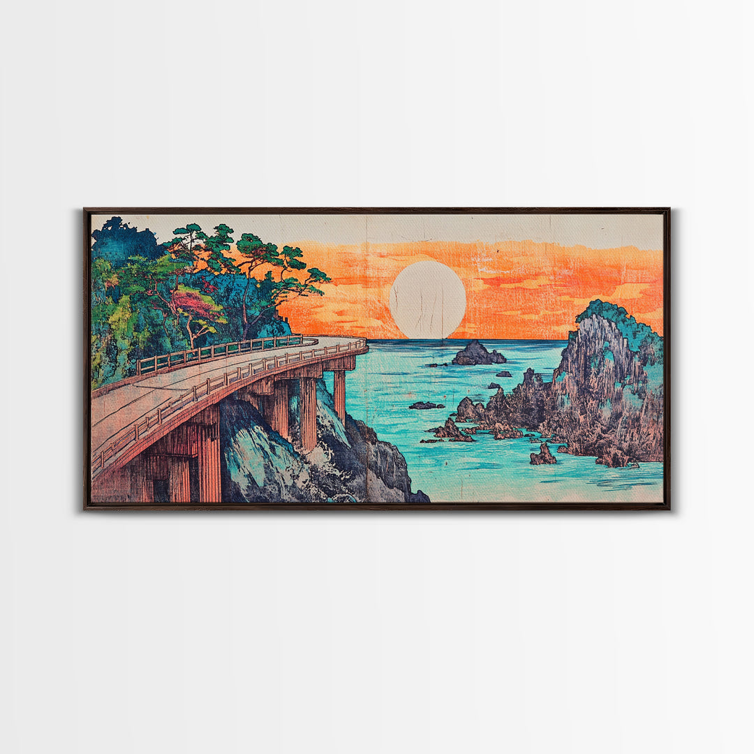 Retro Coastal Bridge Over Turquoise Sea Framed Canvas Print, Japanese Landscape Art, Beach House Decor, Large Wall Art, Art Print