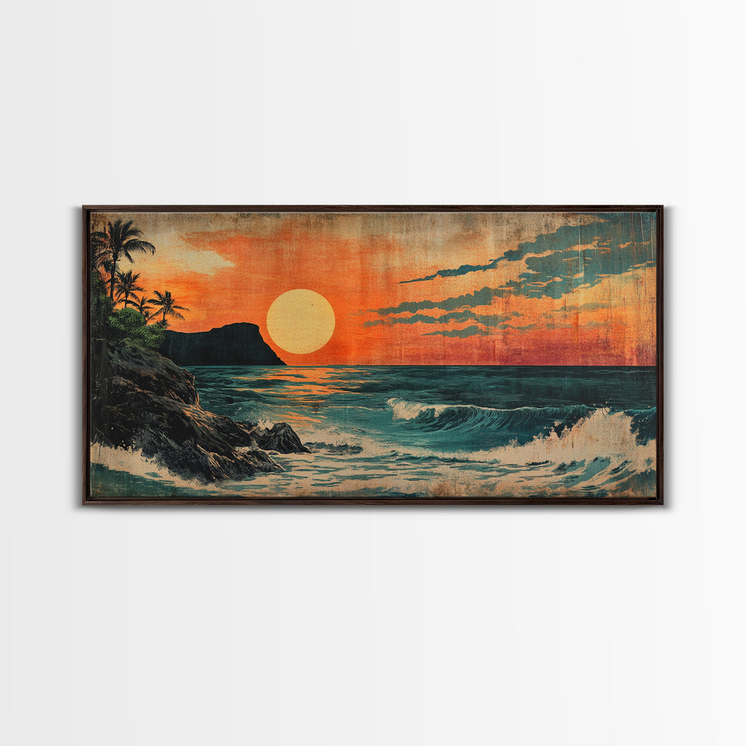 Tropical Island Sunset With Orange Sky And Waves Framed Canvas Print, Coastal Wall Art, Beach House Decor, Ocean Art, Living Room Decor