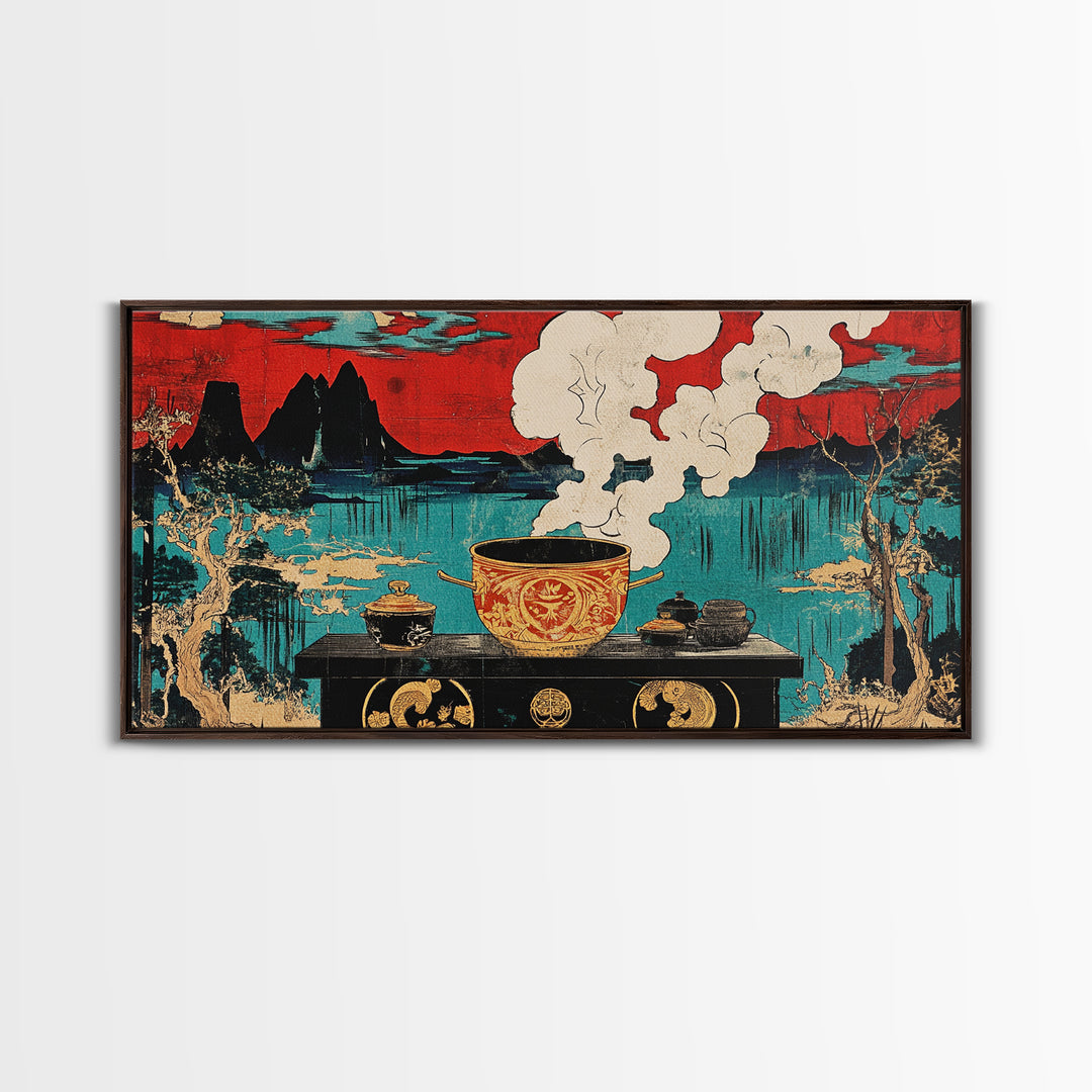 Steaming Tea Pot Before Asian Lake And Red Sky Canvas Print, Japanese Kitchen Wall Art, Zen Dining Room Decor, Tea Lover Gift