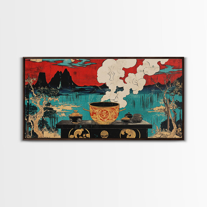 Steaming Tea Pot Before Asian Lake And Red Sky Canvas Print, Japanese Kitchen Wall Art, Zen Dining Room Decor, Tea Lover Gift