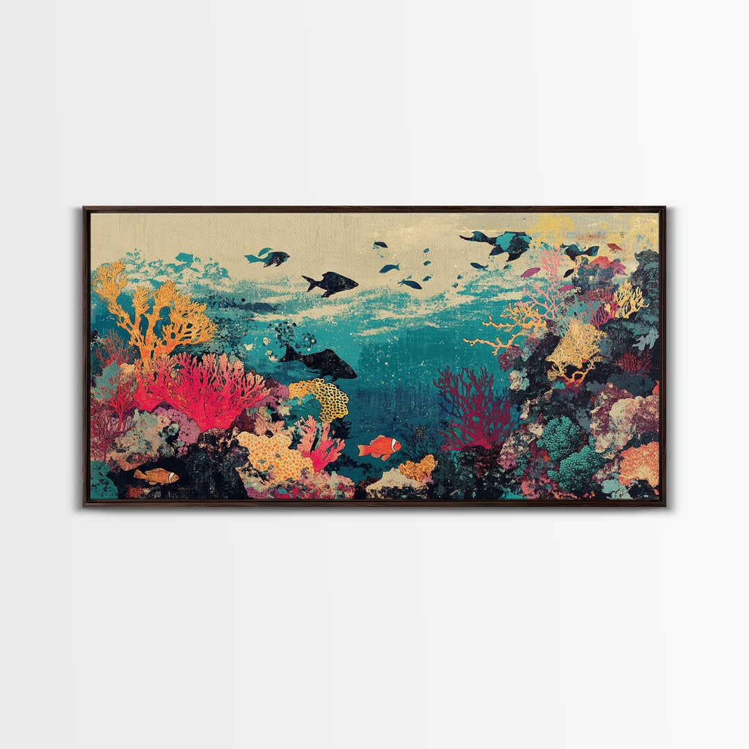Vibrant Coral Reef Fish And Sharks Wall Art, Coastal Ocean Canvas Decor, Tropical Sea Life Print, Beach House Gift, Living Room Decor