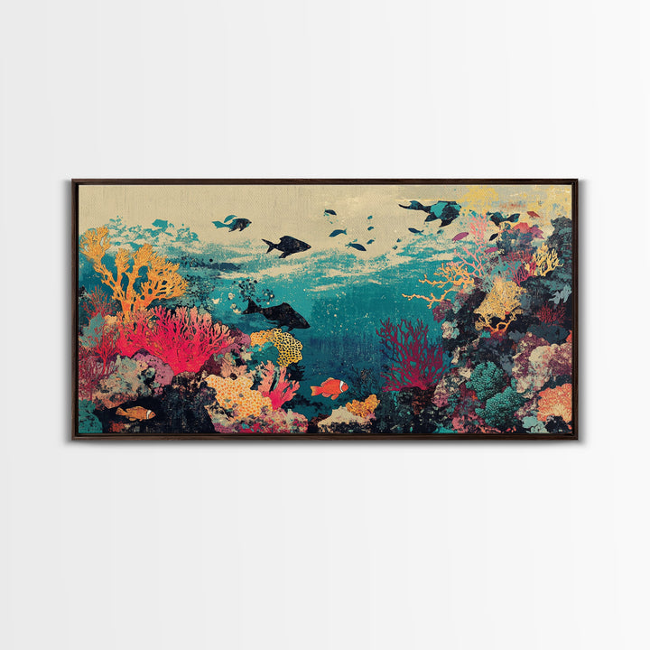 Vibrant Coral Reef Fish And Sharks Wall Art, Coastal Ocean Canvas Decor, Tropical Sea Life Print, Beach House Gift, Living Room Decor