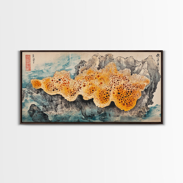 Orange Sea Sponge On Rock Wall Art, Japanese Coastal Print, Ocean Life Decor, Textured Marine Canvas, Beach House Gift, Wall Decor