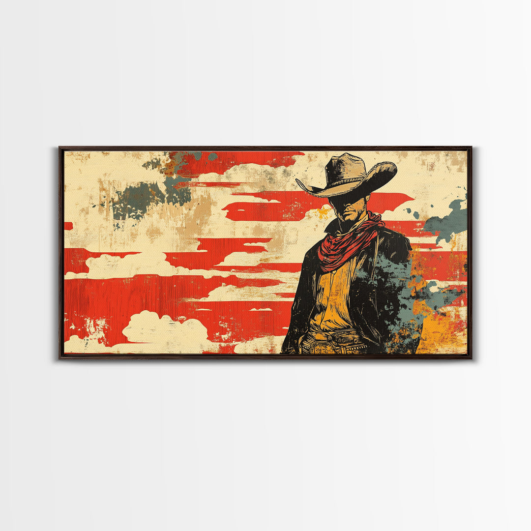 Lone Cowboy Under Red Sky Wall Art, Western Canvas Print, Rustic Ranch Decor, Masculine Office Art, Gift For Him, Cowboy Wall Decor