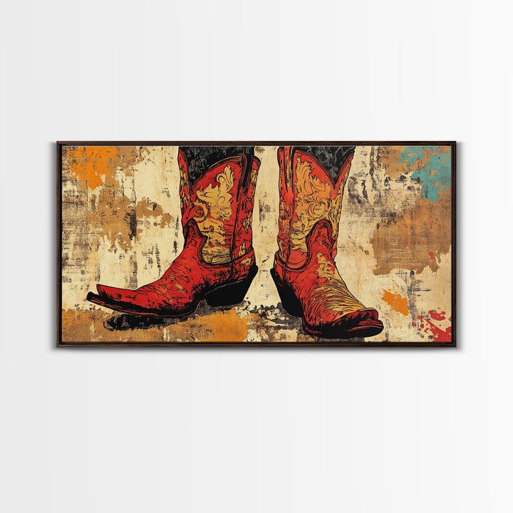 Red Embroidered Cowboy Boots Wall Art, Western Canvas Print, Cowgirl Decor, Rustic Farmhouse Gift, Statement Western Decor
