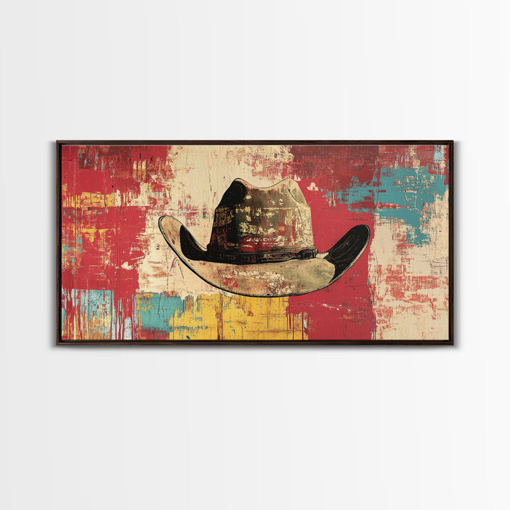 Distressed Cowboy Hat On Red Turquoise Wall Art, Western Canvas Print, Rustic Ranch Decor, Man Cave Gift, Modern Decor Print