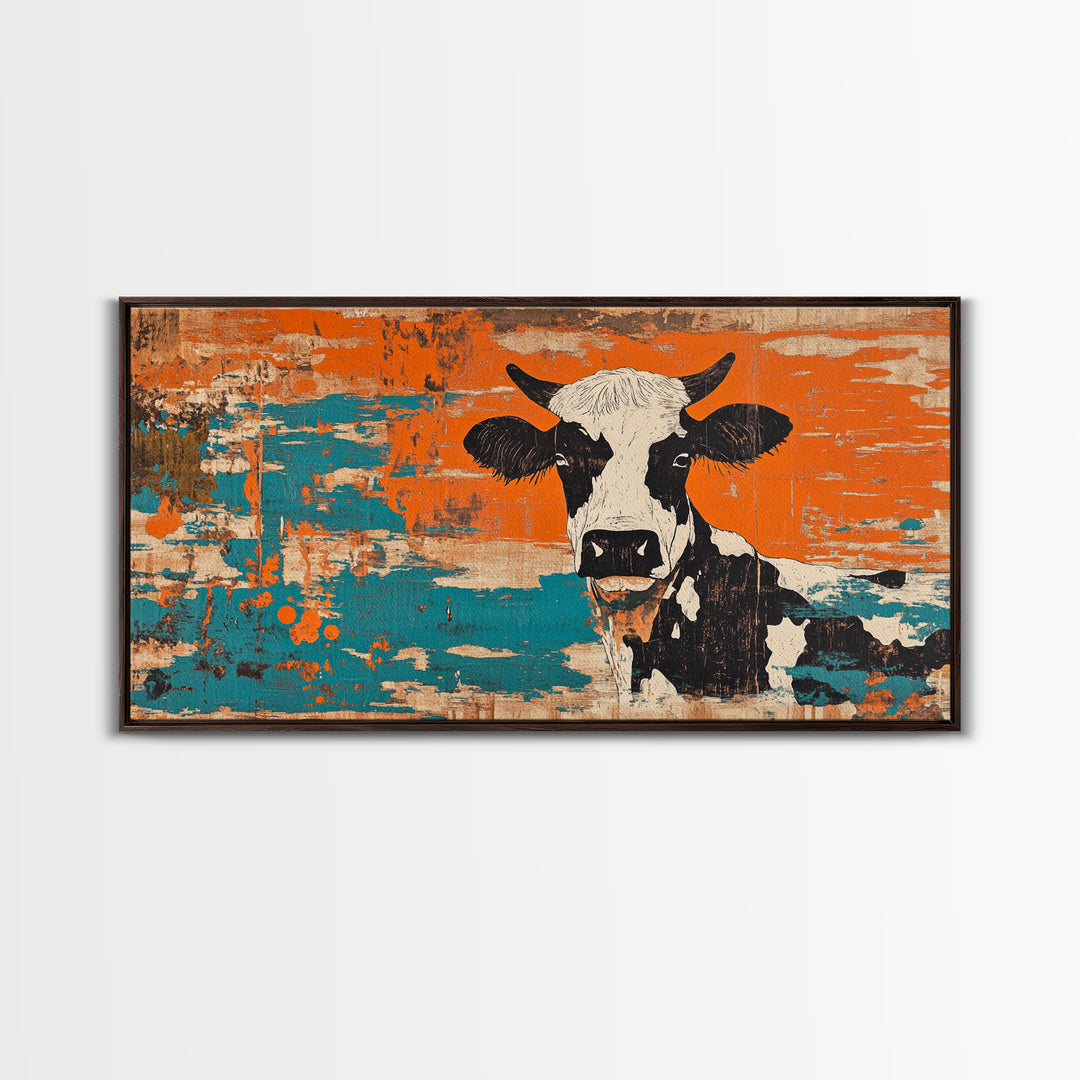 Black And White Cow On Orange Teal Rustic Canvas Print, Farmhouse Wall Art, Kitchen Decor, Country Home Decor Gift For Farmhouse Style