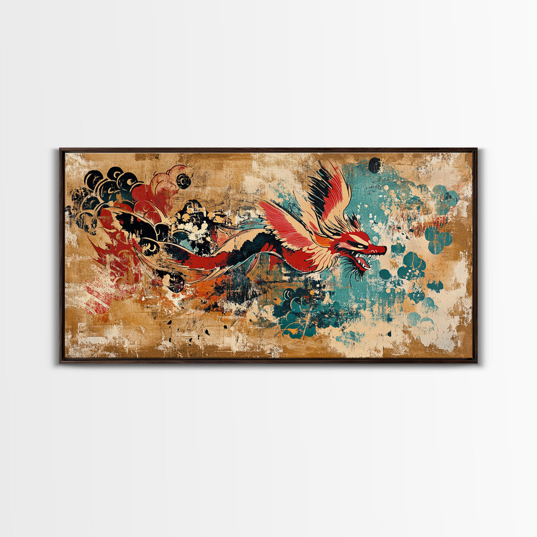 Red Asian Dragon With Teal Grunge Wall Art, Japanese Canvas Print, Fantasy Decor, Vibrant Statement Artwork Gift For Him