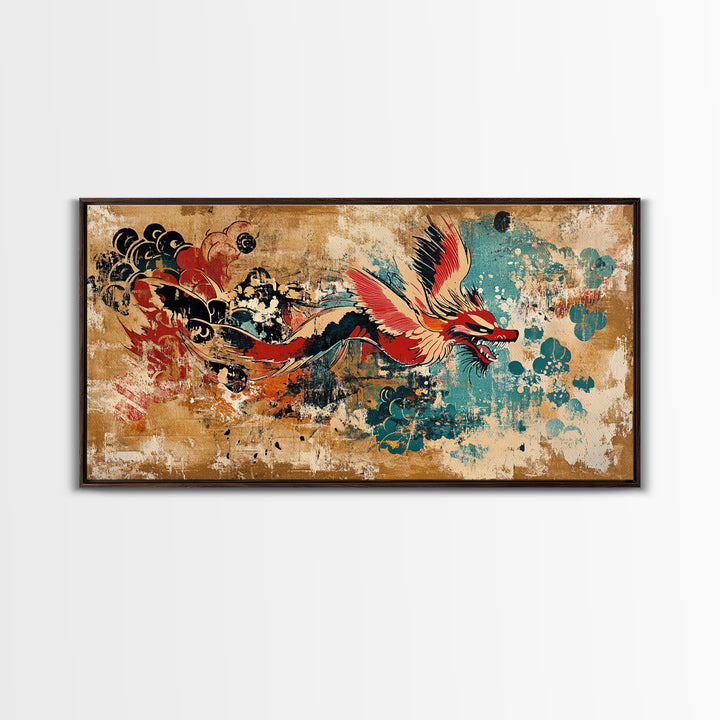 Red Asian Dragon With Teal Grunge Wall Art, Japanese Canvas Print, Fantasy Decor, Vibrant Statement Artwork Gift For Him