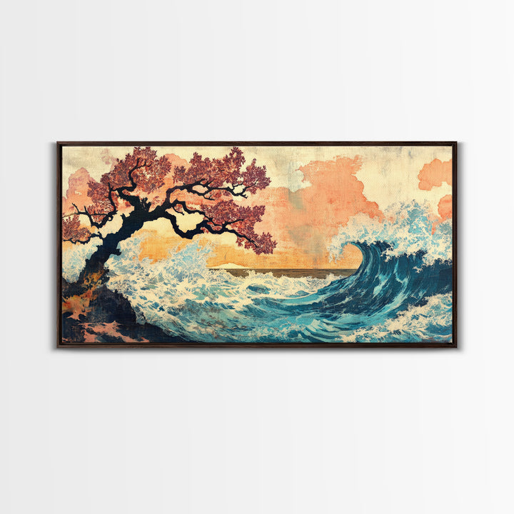 Cherry Blossom Tree And Blue Wave Framed Canvas Print, Japanese Wall Art, Coastal Decor, Serene Bedroom Wall Decor Gifts