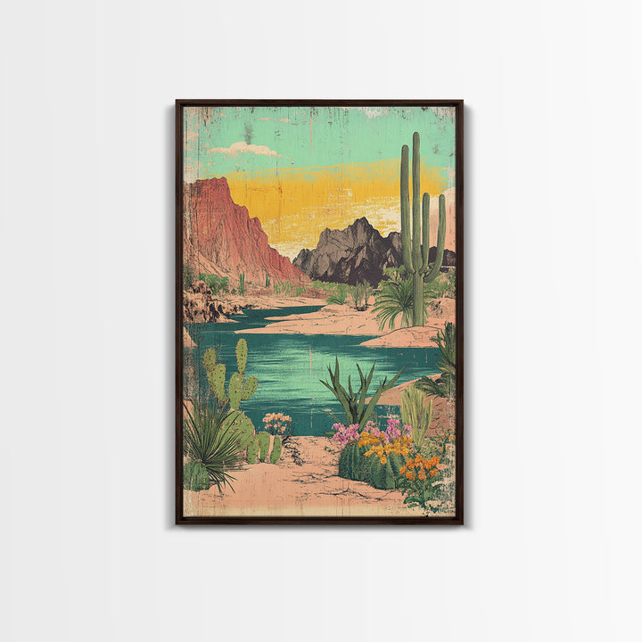 Turquoise Desert River Canyon With Saguaro Cactus Wall Art, Southwestern Landscape Print, Arizona Home Decor, Boho Decor