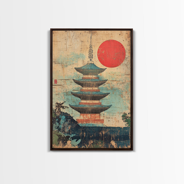 Japanese Pagoda Temple With Red Sun Framed Canvas Print, Asian Wall Art, Japandi Home Decor, Meditation Room Decor, Zen Wall Decor