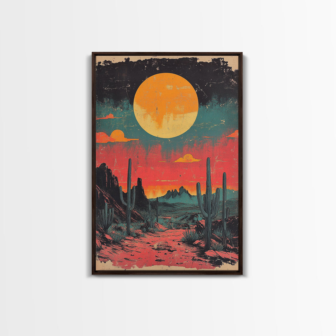 Neon Desert Sunset With Saguaro Cacti Canvas Print, Southwestern Wall Art, Retro Western Decor, Colorful Living Room Art