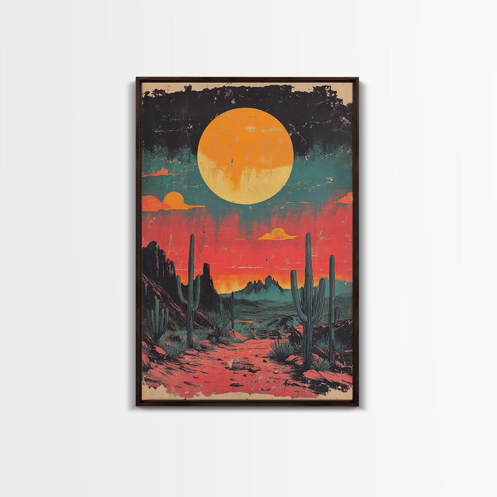 Neon Desert Sunset With Saguaro Cacti Canvas Print, Southwestern Wall Art, Retro Western Decor, Colorful Living Room Art