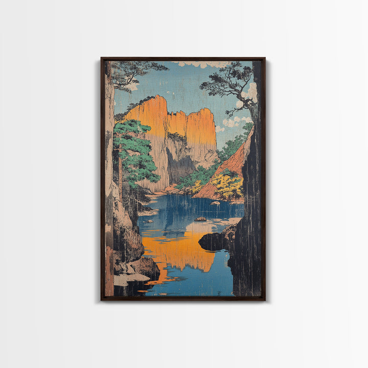 Golden Canyon River Reflection Landscape Wall Art, Japanese Woodblock Style Print, Nature Decor, Large Living Room Art Print