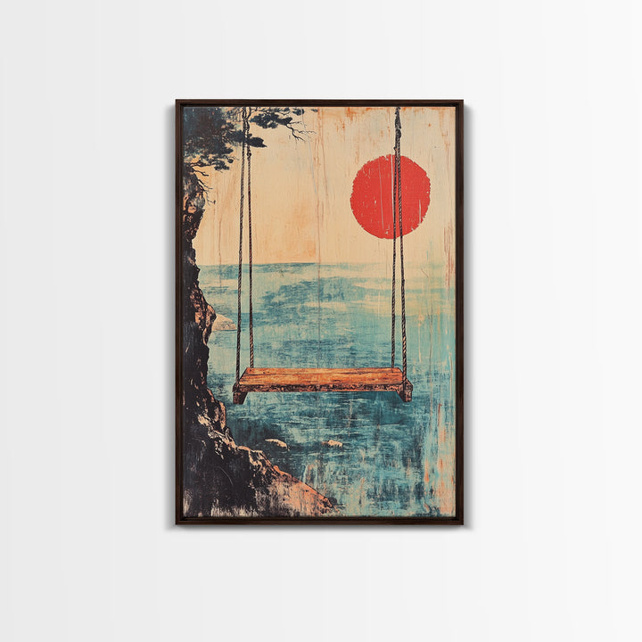 Minimal Japanese Ocean Swing Wall Art, Red Sun Coastal Print, Japandi Wall Decor, Beach House Decor, Calming Canvas Print