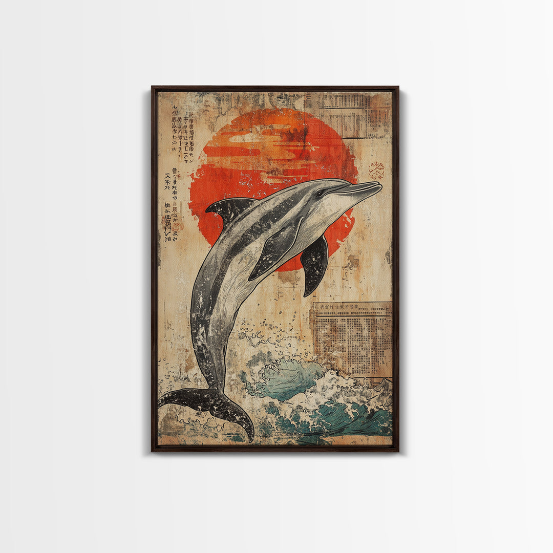 Leaping Dolphin Red Sun Wall Art, Japanese Ocean Print, Nautical Coastal Decor, Sea Life Artwork, Bathroom Canvas Print Gift