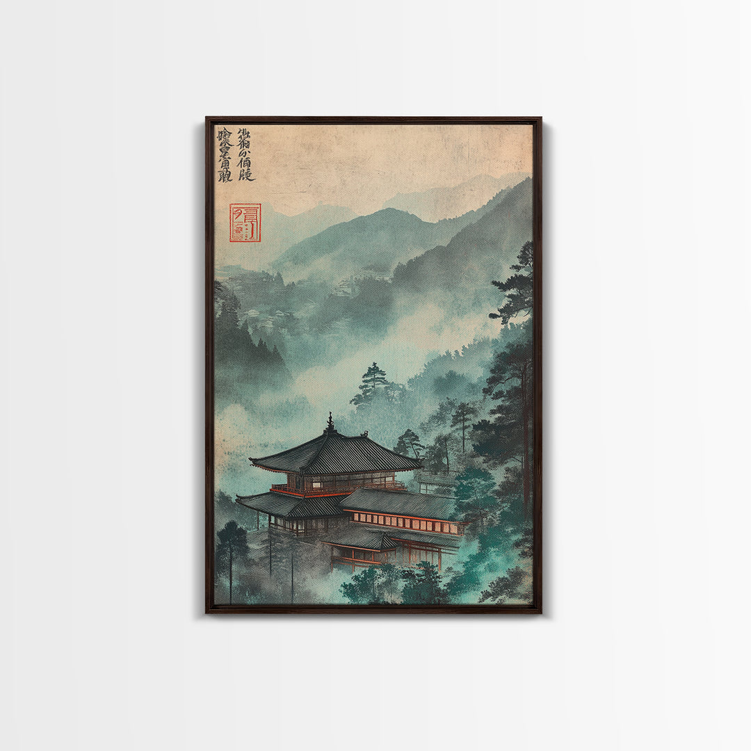 Misty Japanese Temple In Teal Mountains Wall Art, Asian Landscape Print, Japandi Decor, Zen Home Decor, Living Room Wall Art