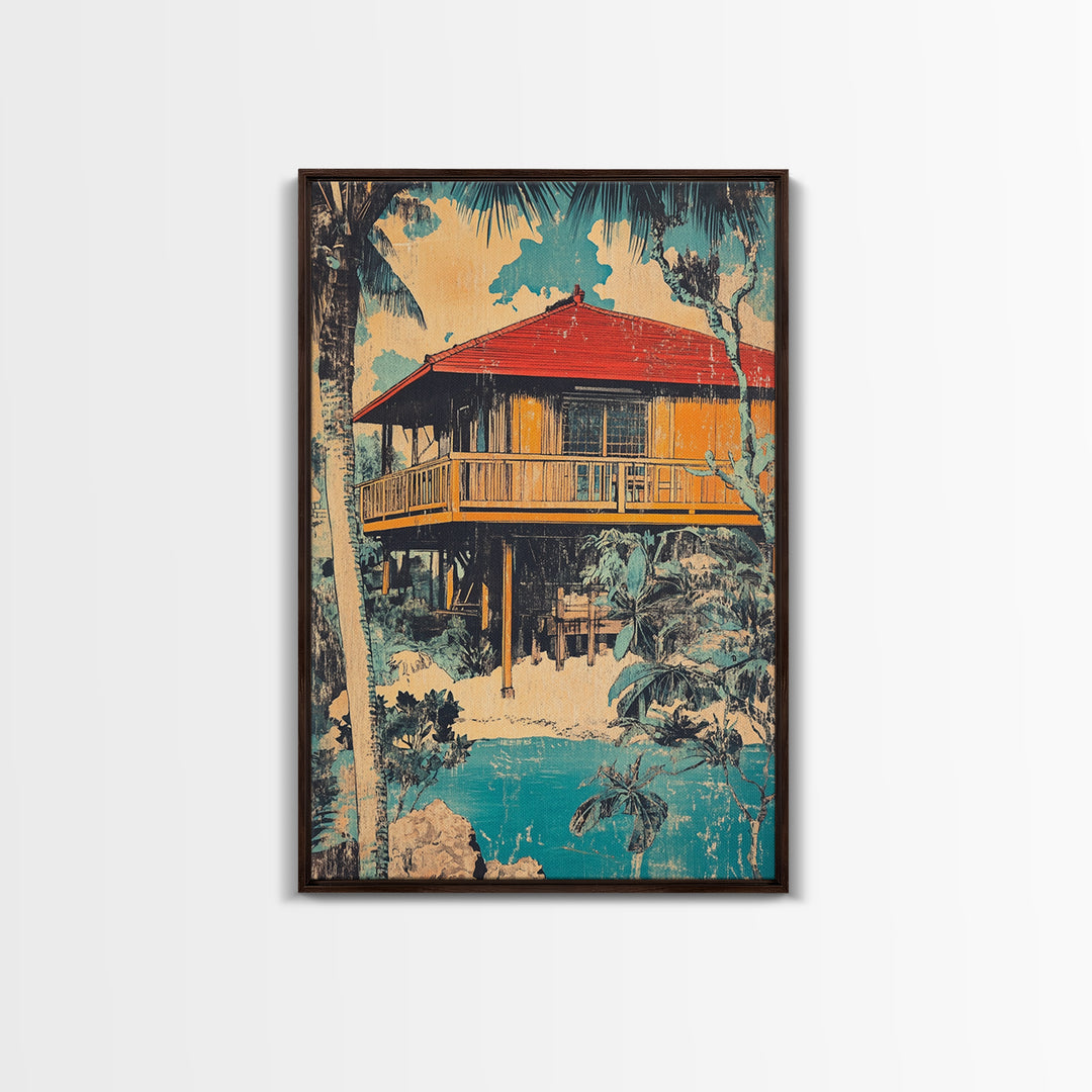 Tropical Stilt Beach House Canvas Print, Coastal Wall Art, Palm Tree Decor, Beach House Art, Summer Home Decor, Large Wall Art