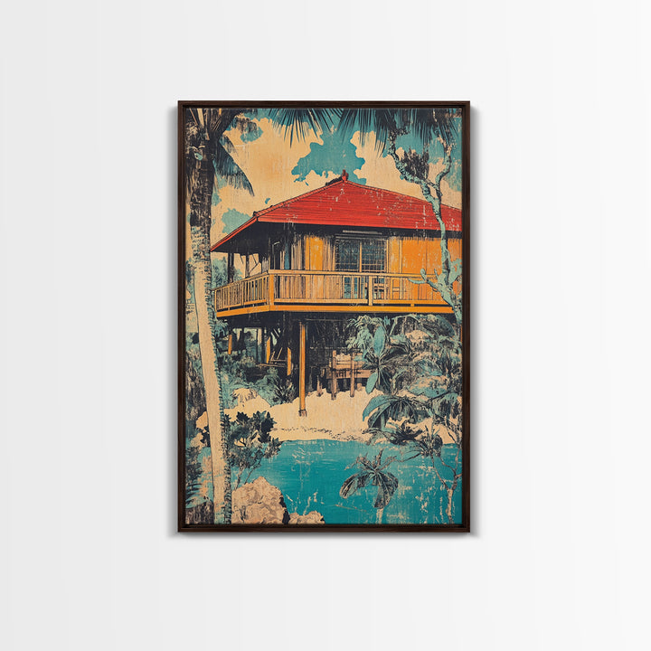 Tropical Stilt Beach House Canvas Print, Coastal Wall Art, Palm Tree Decor, Beach House Art, Summer Home Decor, Large Wall Art