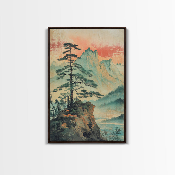 Misty Pine Cliff And Mountain Lake Wall Art, Japanese Landscape Print, Nature Wall Art, Serene Wall Art, Japandi Home Decor