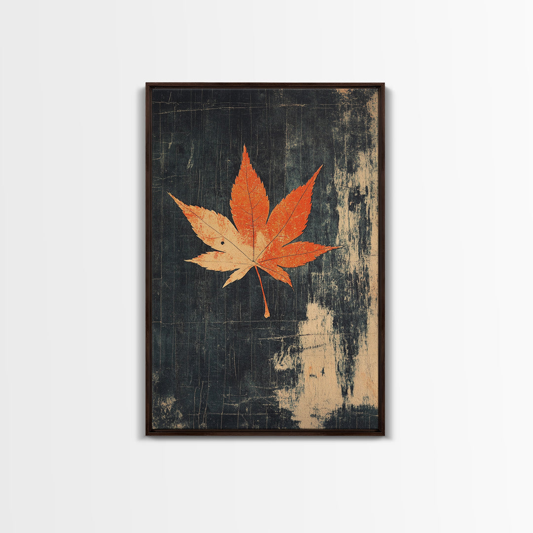 Orange Maple Leaf On Dark Texture Canvas Print, Autumn Wall Art, Botanical Print, Minimalist Decor, Nature Wall Art, Fall Decor