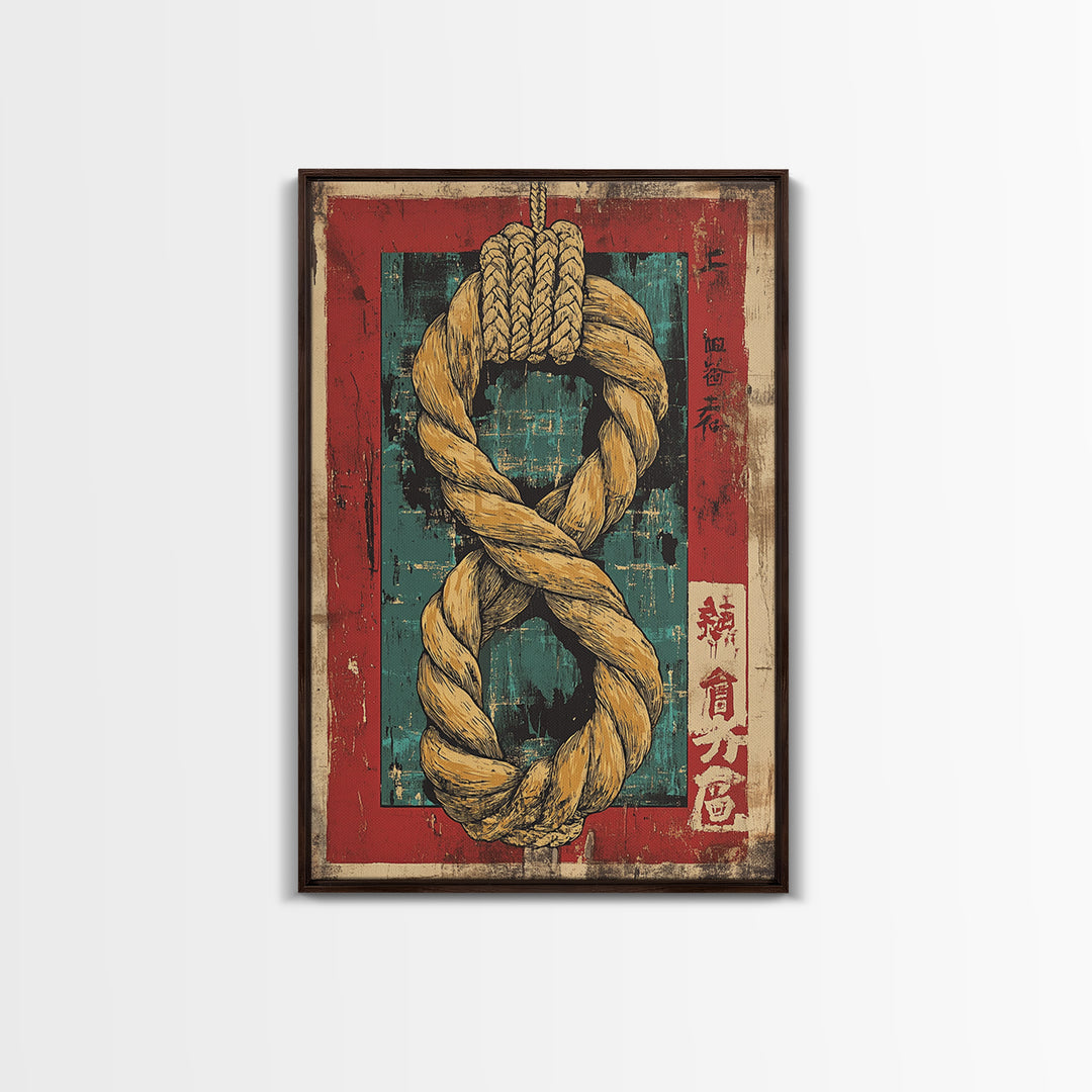 Sacred Japanese Shimenawa Rope Framed Canvas Print, Asian Wall Decor, Zen Home Decor, Rustic Wall Art, Japanese Wall Art