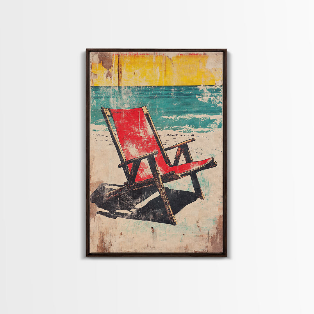 Red Beach Chair Wall Art, Turquoise Ocean Canvas Print, Retro Coastal Decor, Summer Beach House Gift For Her, Living Room Decor