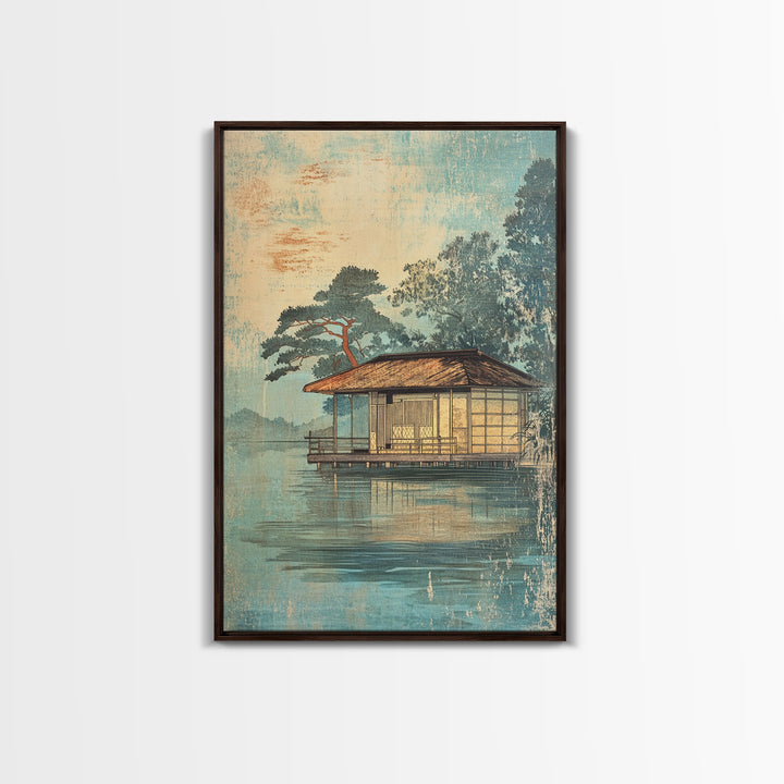 Misty Lakeside House Wall Art, Serene Japanese Landscape Canvas Print, Japandi Lake Decor, Neutral Living Room Art, Zen Home Decor